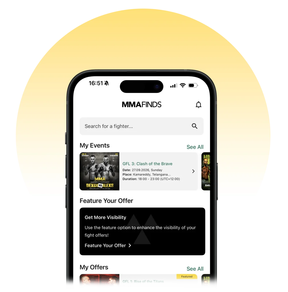 MMAFinds mobile app showing fighter search, events, and fight offers